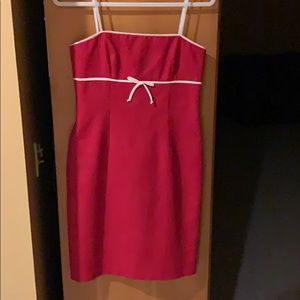 Red strapless dress with white/red mini polka trim